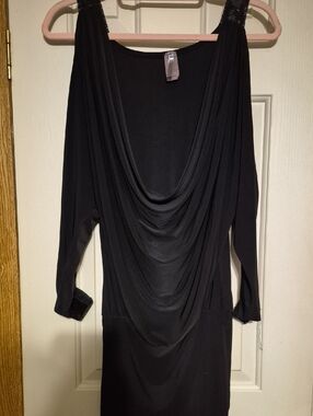 Women's Black Cowl Neck Mini Dress with Embellished Shoulders